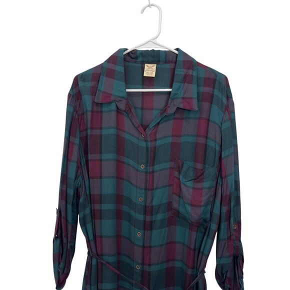 Faded Glory Womens Plaid Tunic Shirt SZ XXL (20)Teal & Burgundy Adj Waist Tie - Picture 8 of 11